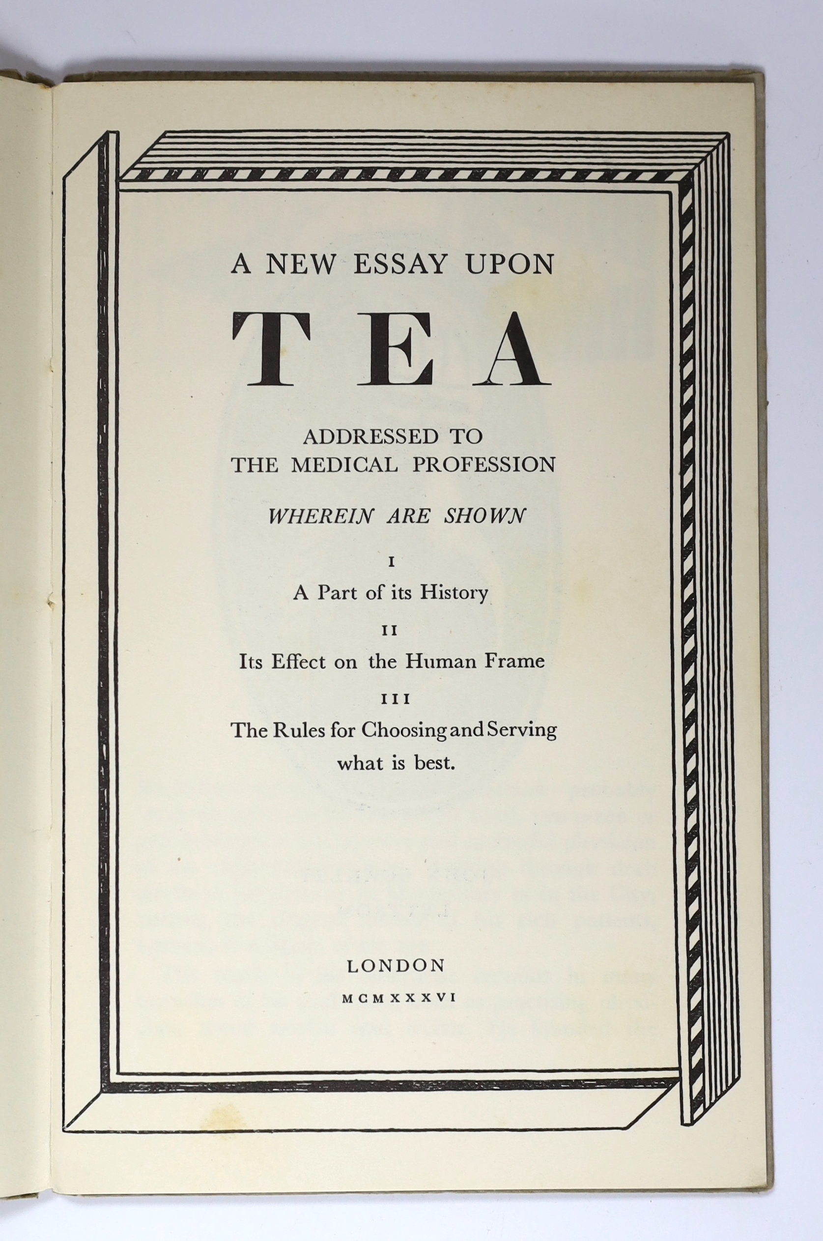 Bawden, Edward (illustrator) - A New Essay upon Tea, illustrated with 10 drawings (some full page) and borders by Edward Bawden, issued without a d/j, 8vo, grey paper boards, Empire Tra Marketing Board, London, 1936 and